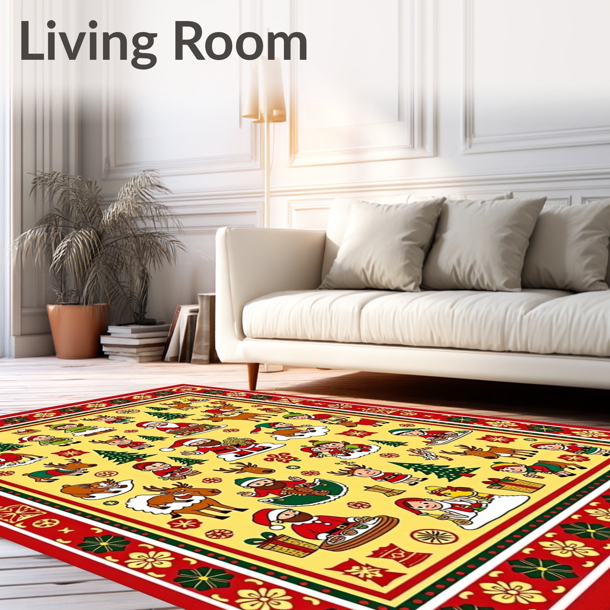 Merry Christmas Santa Reindeer Woodland Scene Rug