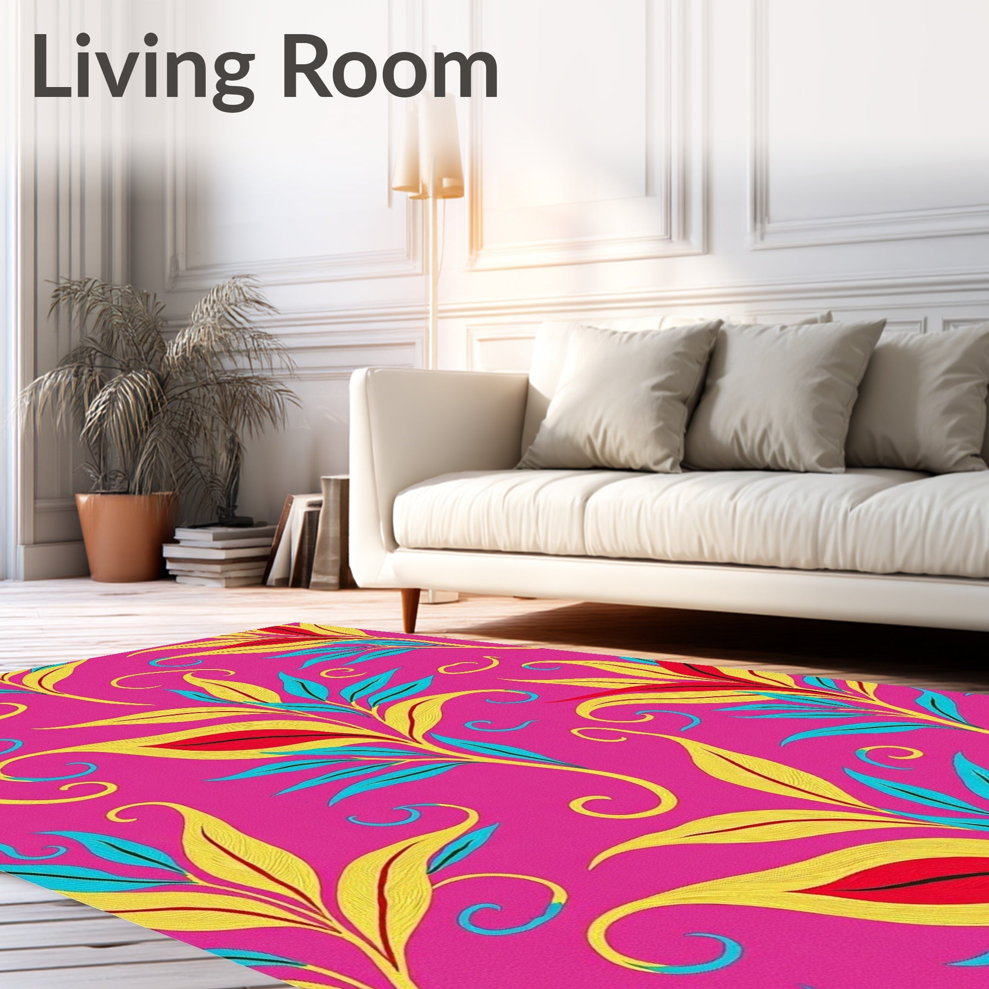 Vibrant Yellow Blue Red Floral Swirl Rug