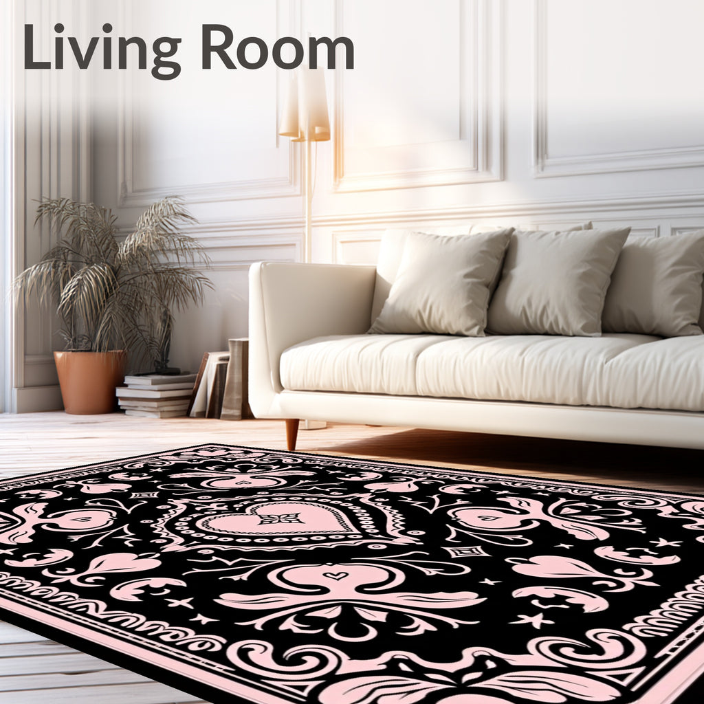 Pink Black Floral Heart Medallion Rug