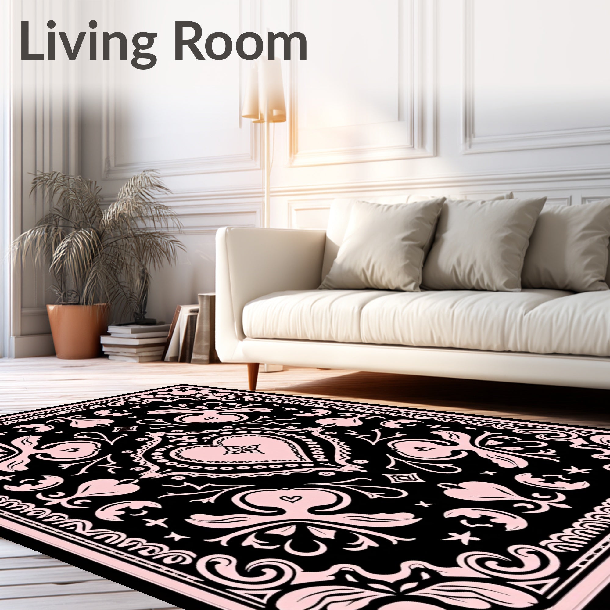 Pink Black Floral Heart Medallion Rug