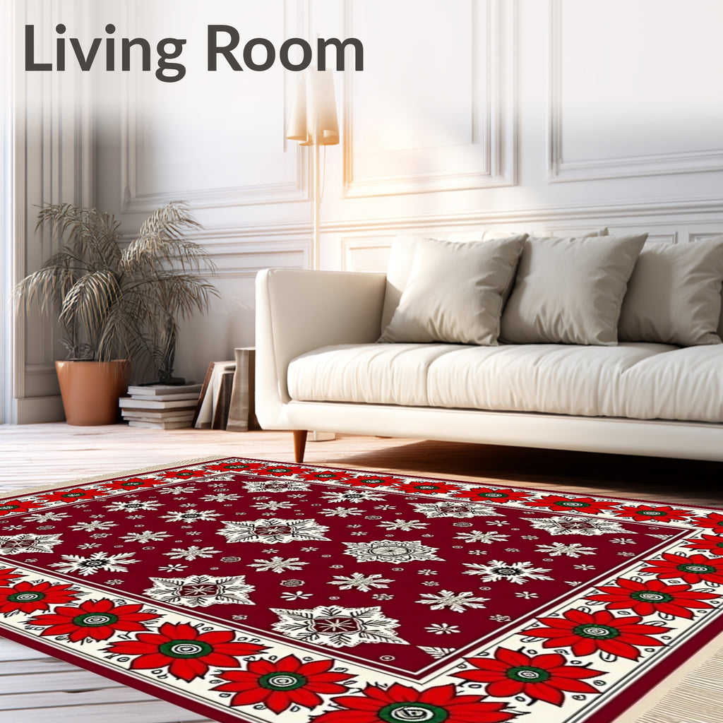Crimson Red Snowflake Floral Border Rug