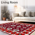 Crimson Red Snowflake Floral Border Rug