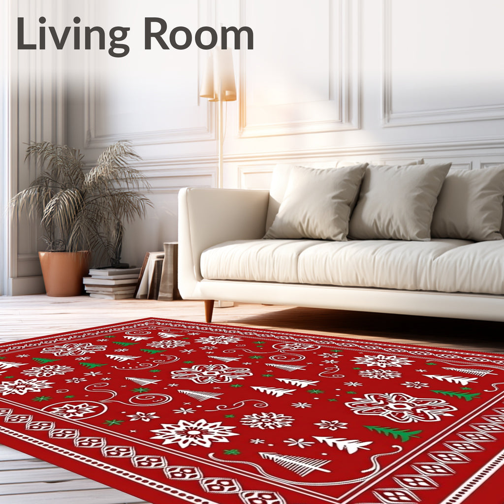 Festive Red White Evergreen Snowflakes Rug