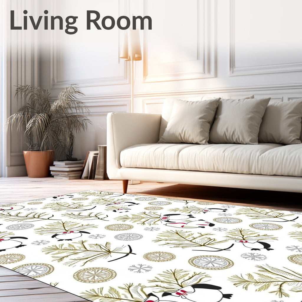 Winter Penguins Pine Boughs Snowflakes Rug