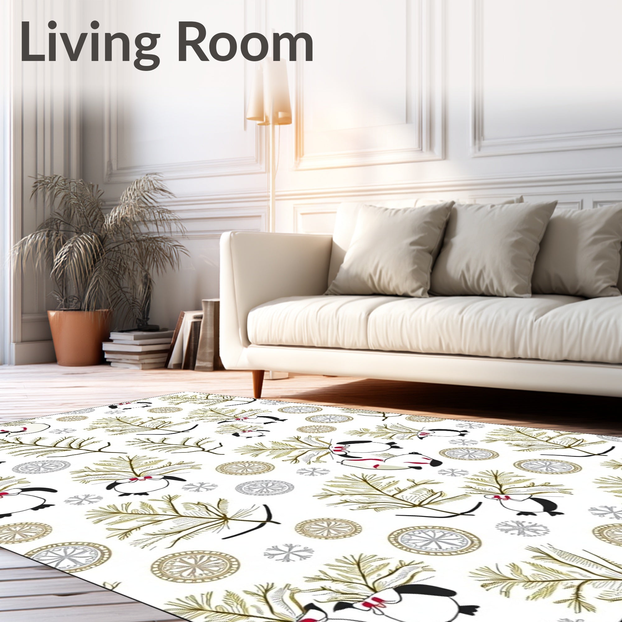 Winter Penguins Pine Boughs Snowflakes Rug