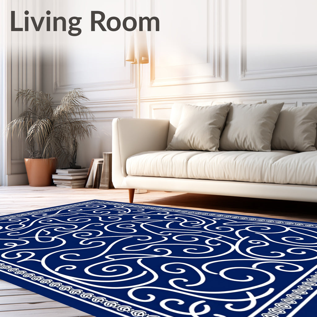 Deep Blue Swirling Vines Bordered Rug