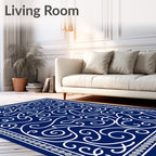 Deep Blue Swirling Vines Bordered Rug
