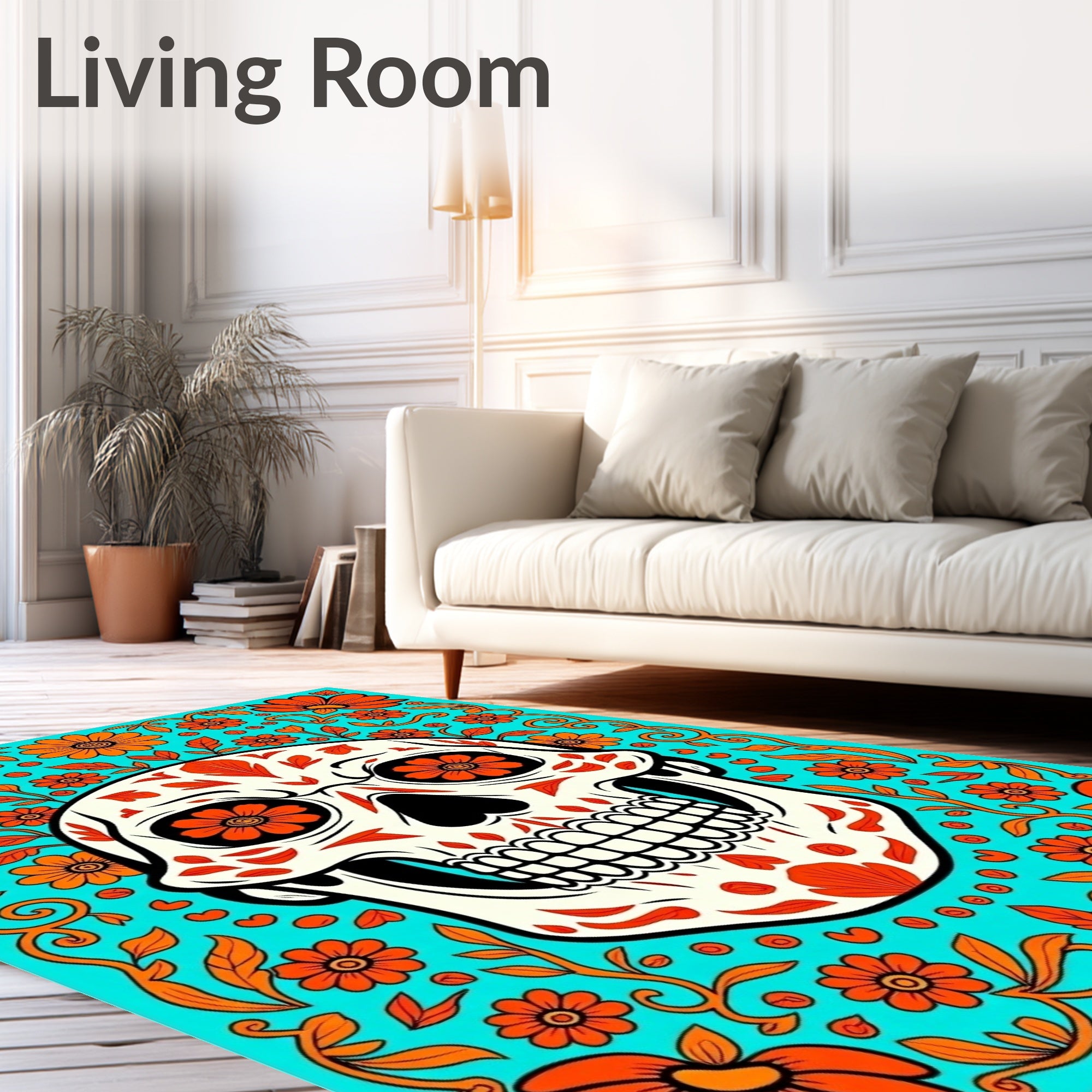 Vibrant Teal Orange Skull Floral Rug