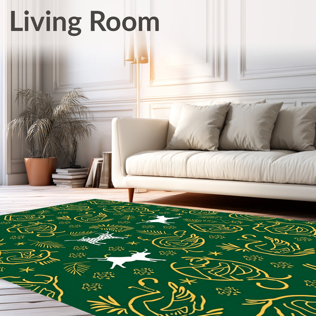 Deep Green Outline Animal Folk Art Rug
