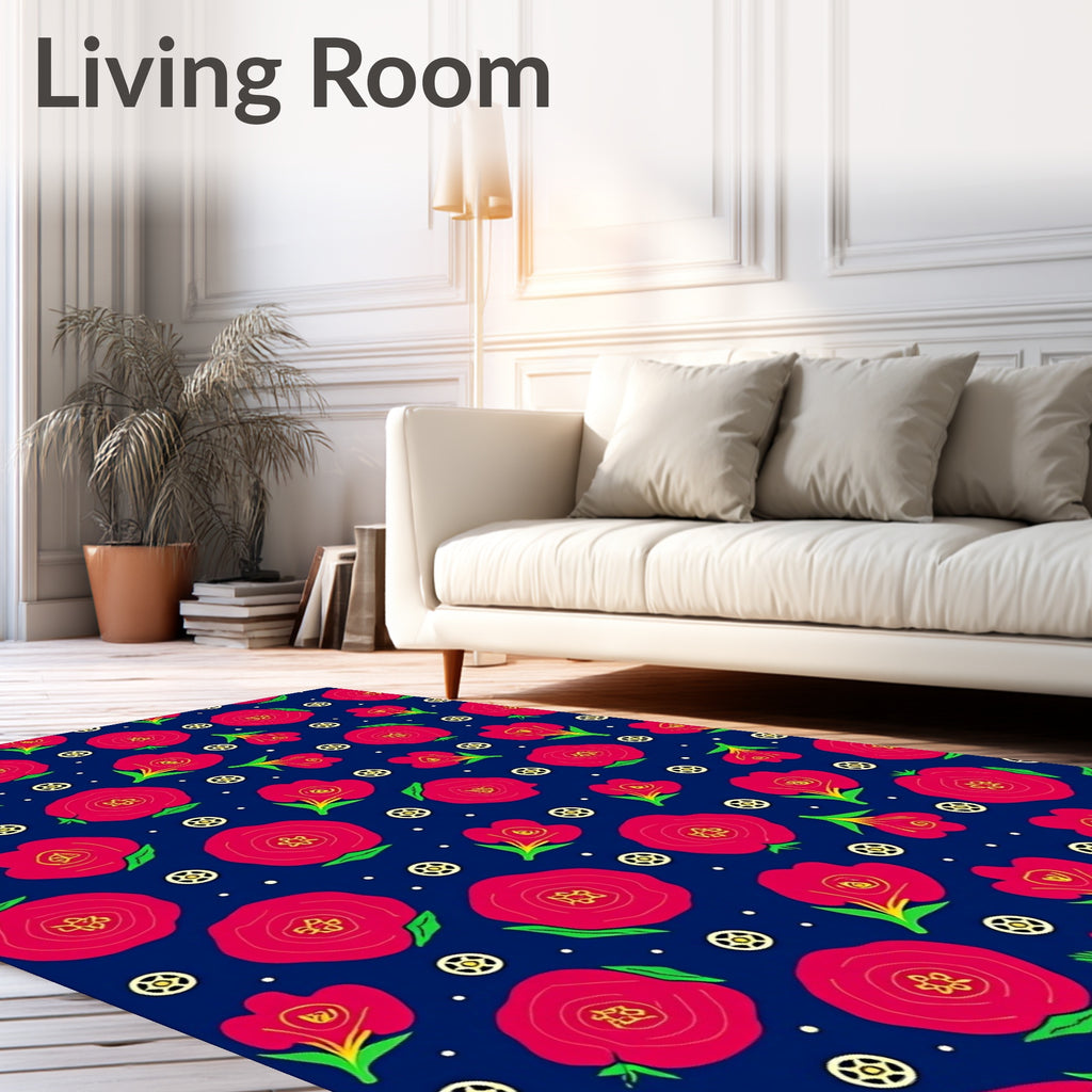 Crimson Rosebuds Scattered Blue Textile Rug