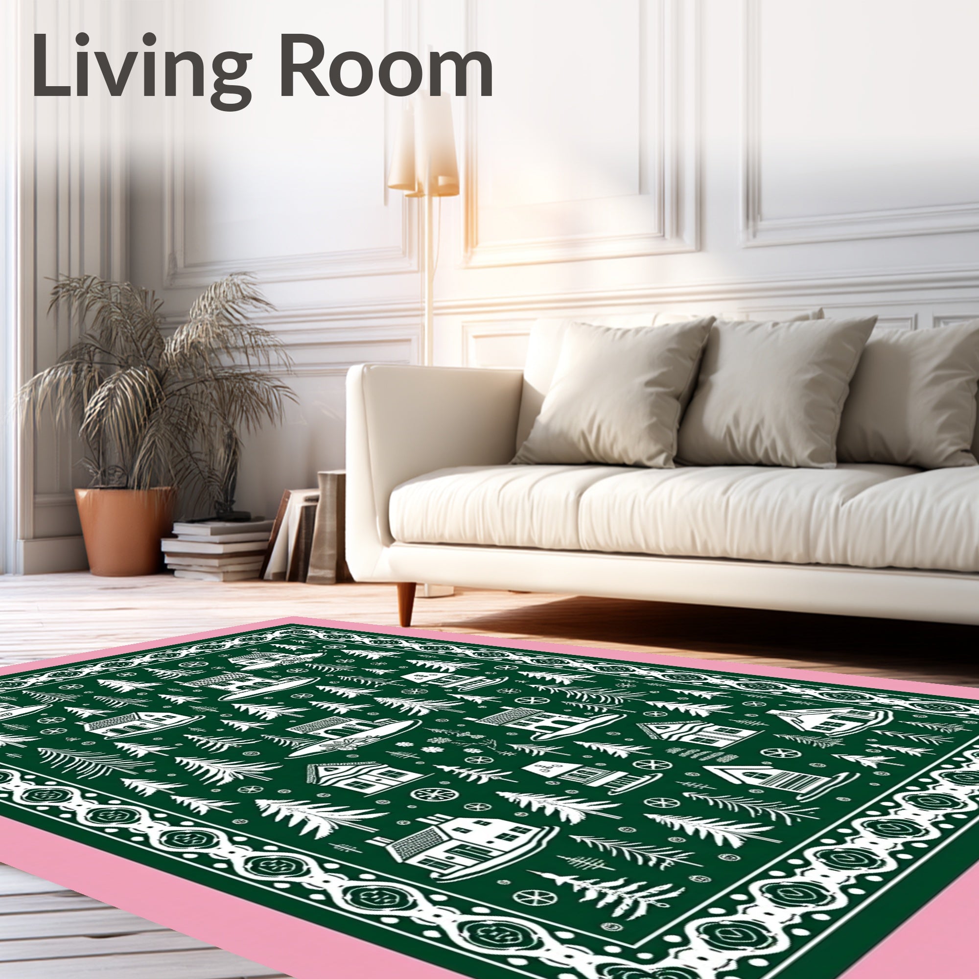 Forest Village Christmas Village Green White Rug