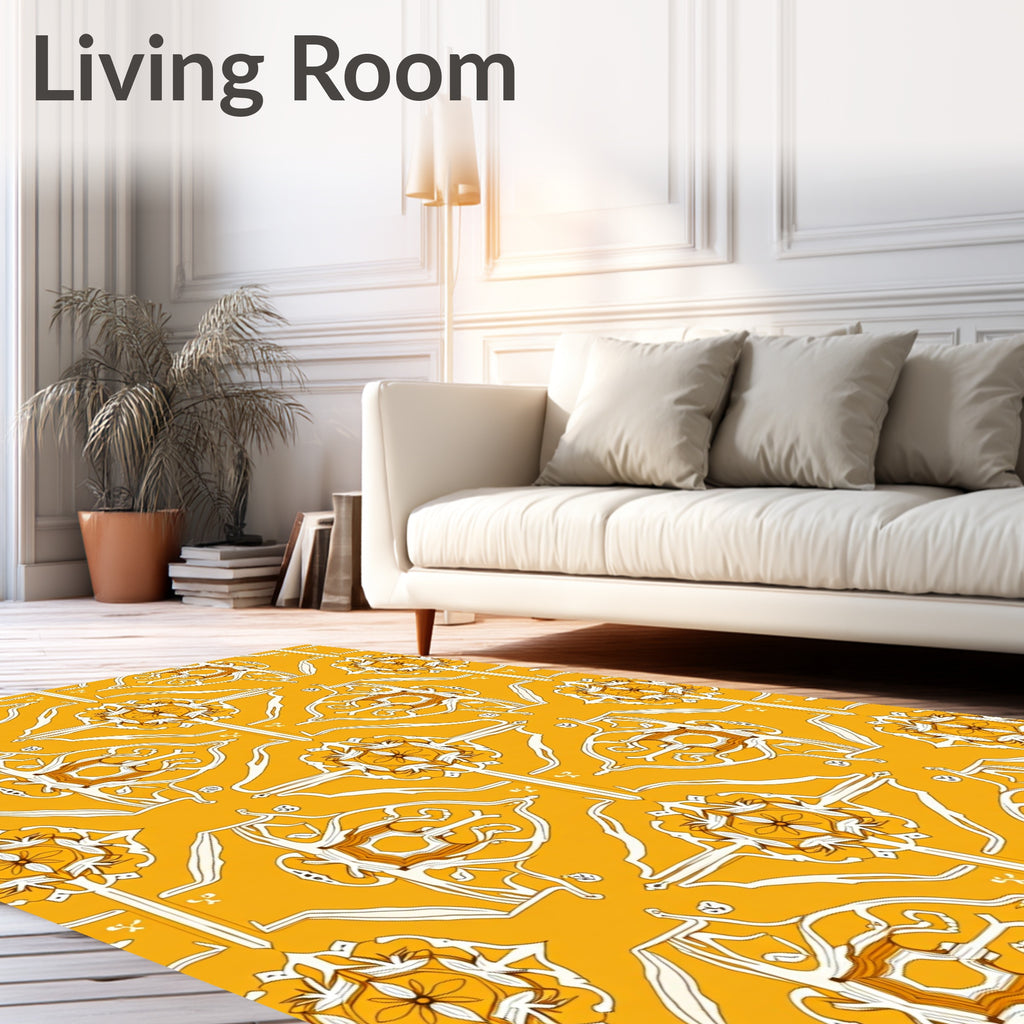 Golden Yellow Ornate Floral Symmetry Rug