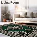 Emerald Green Cream Scroll Medallion Rug