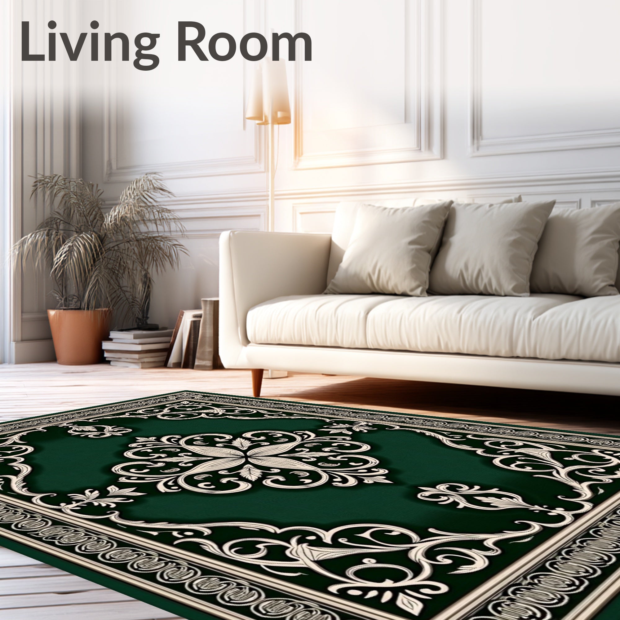 Emerald Green Cream Scroll Medallion Rug