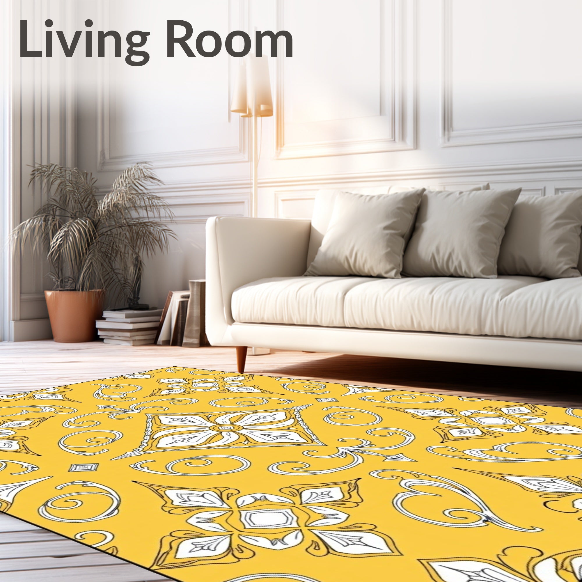 Golden Yellow Floral Scroll Medallion Rug