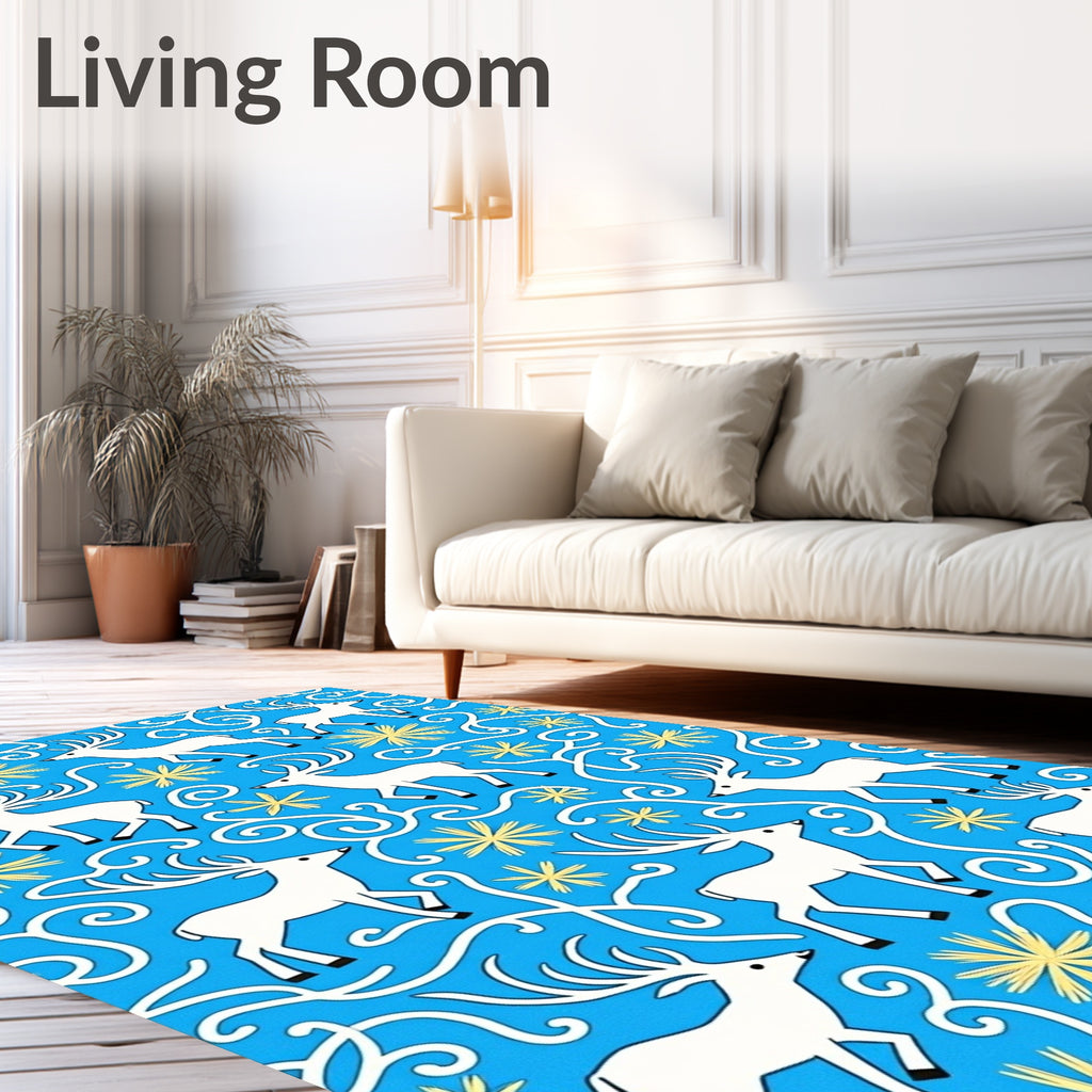 White Deer Blue Floral Swirl Rug