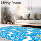 White Deer Blue Floral Swirl Rug
