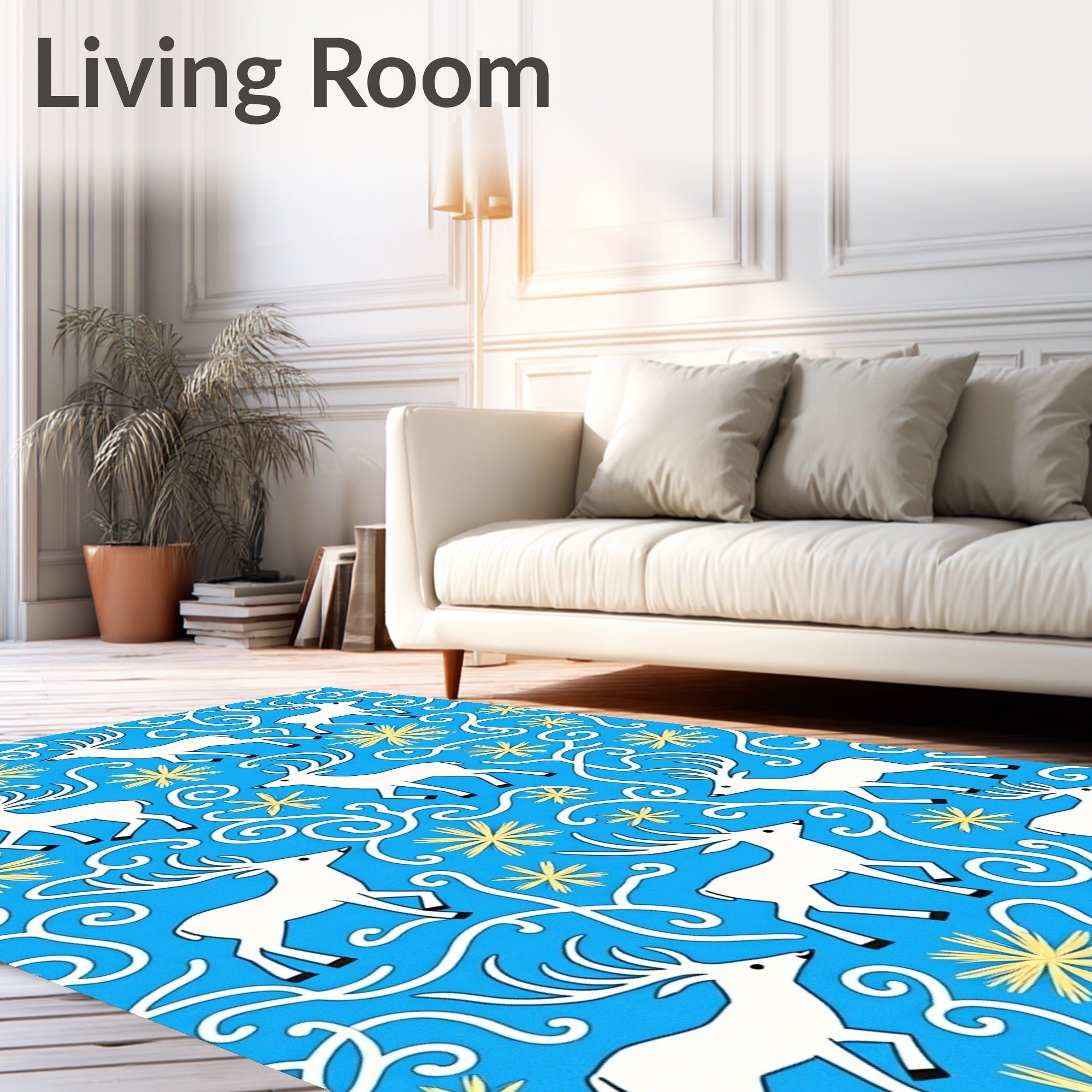 White Deer Blue Floral Swirl Rug