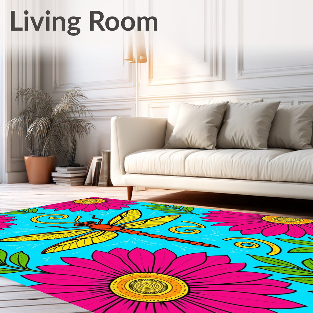 Vibrant Pink Daisy Dragonfly Garden Rug