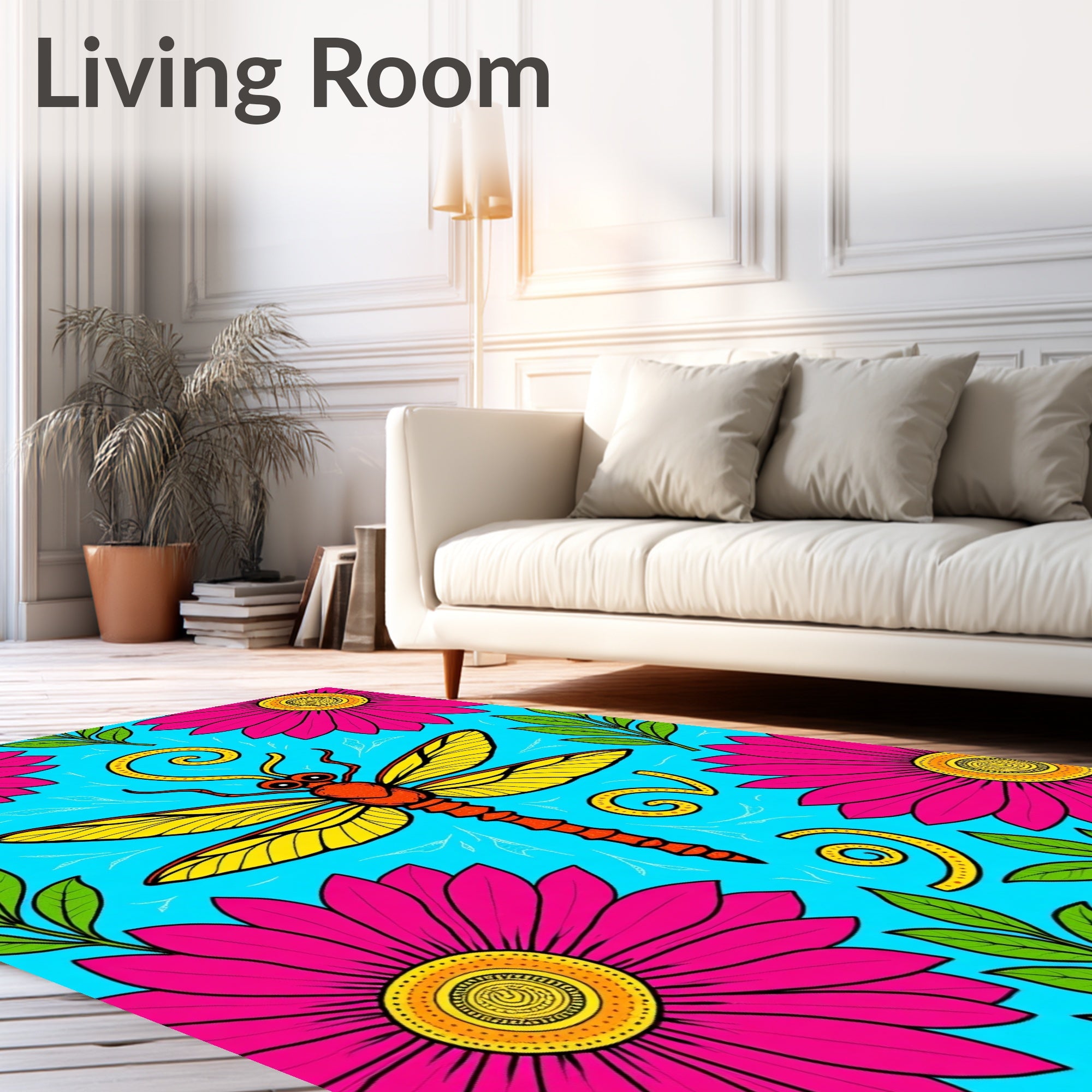 Vibrant Pink Daisy Dragonfly Garden Rug