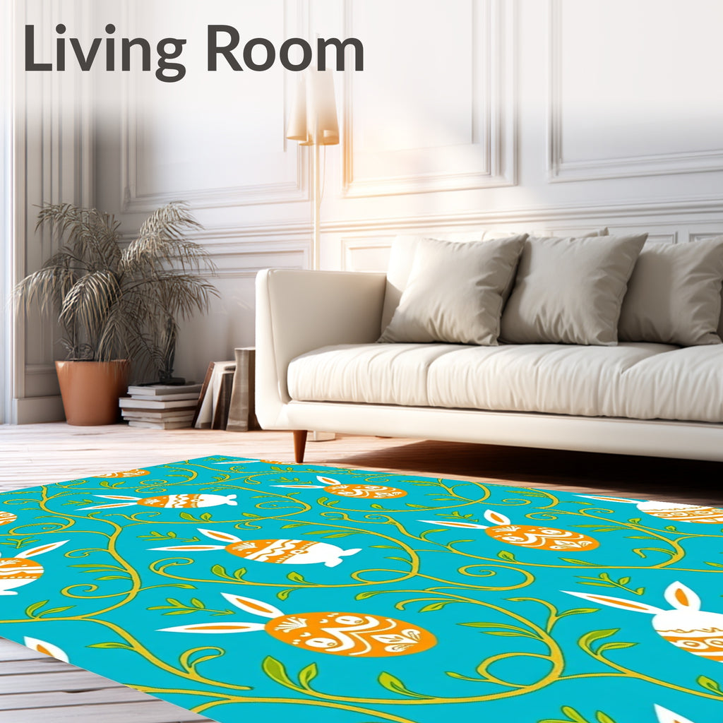 Orange White Egg Bunny Vine Blue Rug
