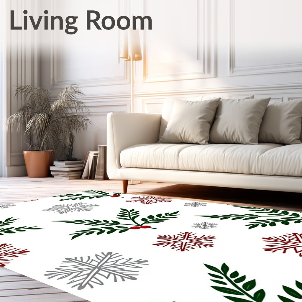 Festive Green Holly Red Berries Snowflakes Rug