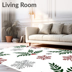 Festive Green Holly Red Berries Snowflakes Rug