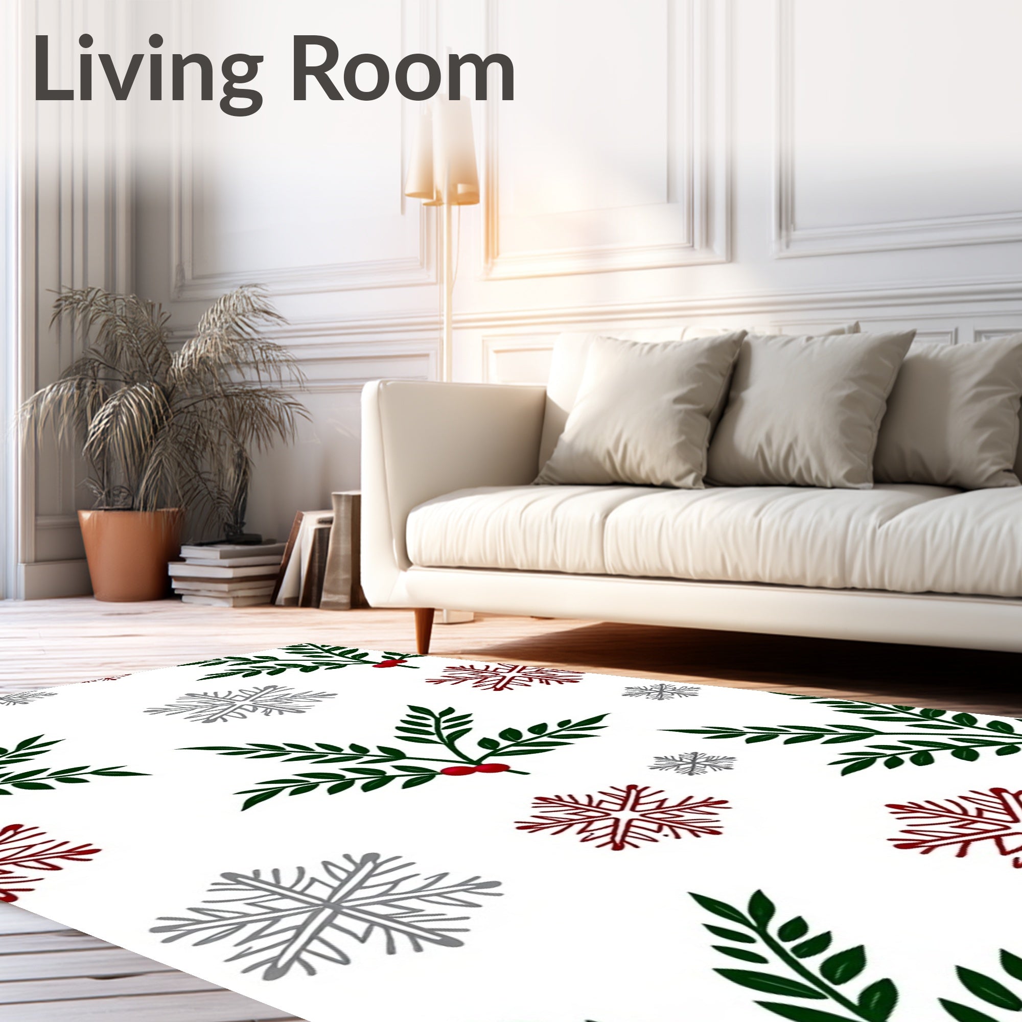 Festive Green Holly Red Berries Snowflakes Rug