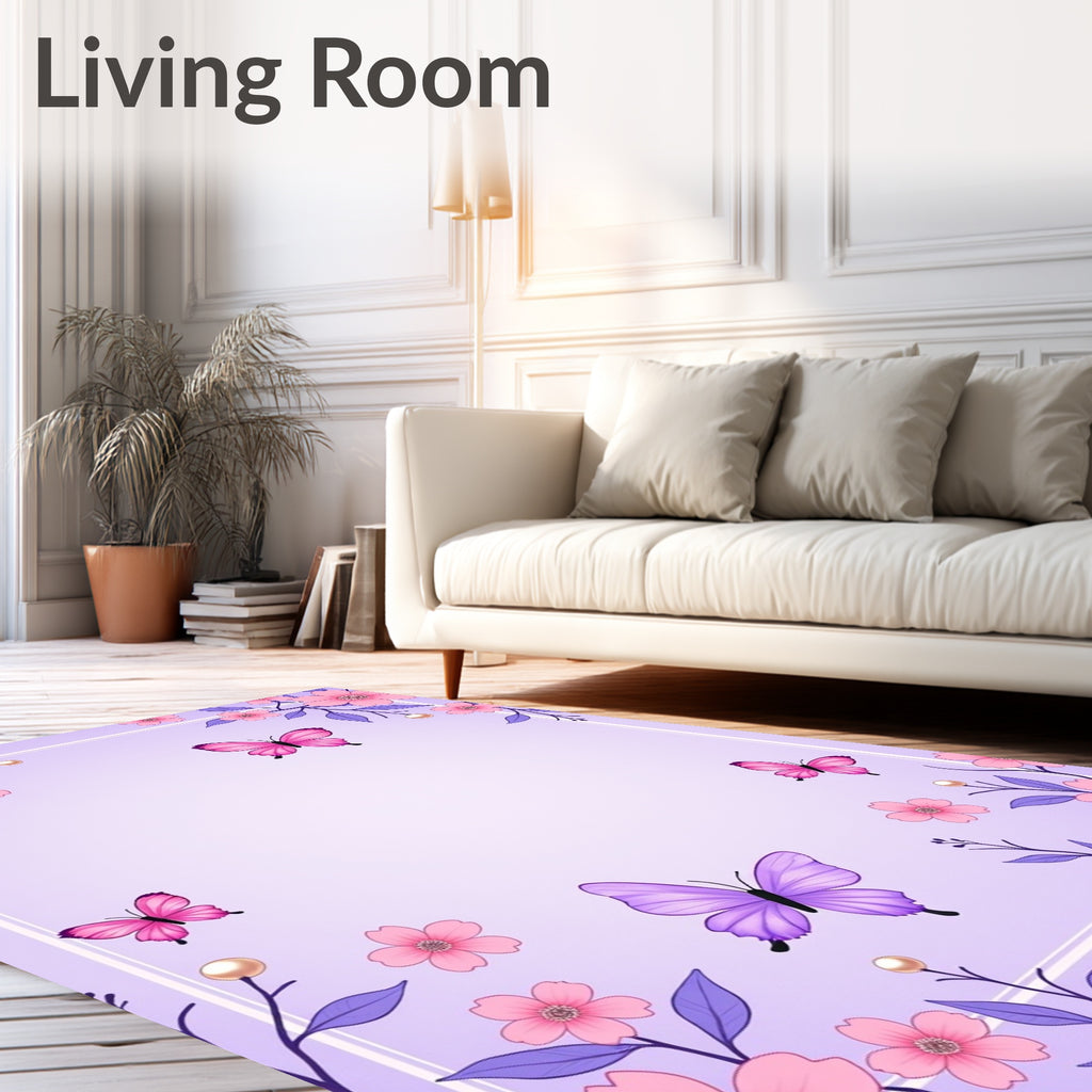 Lavender Pink Butterfly Floral Meadow Rug