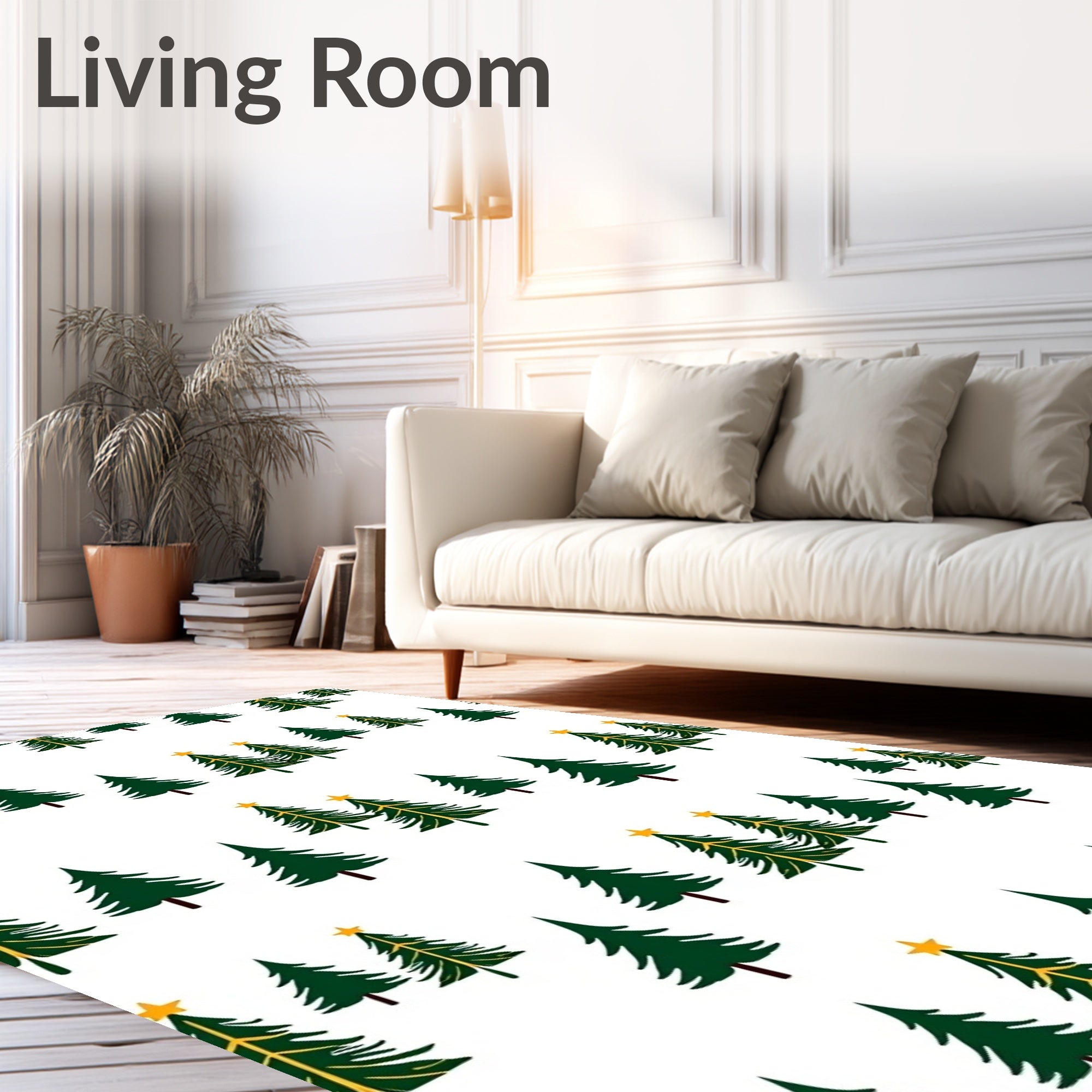 Whimsical Green Christmas Trees Gold Stars Rug