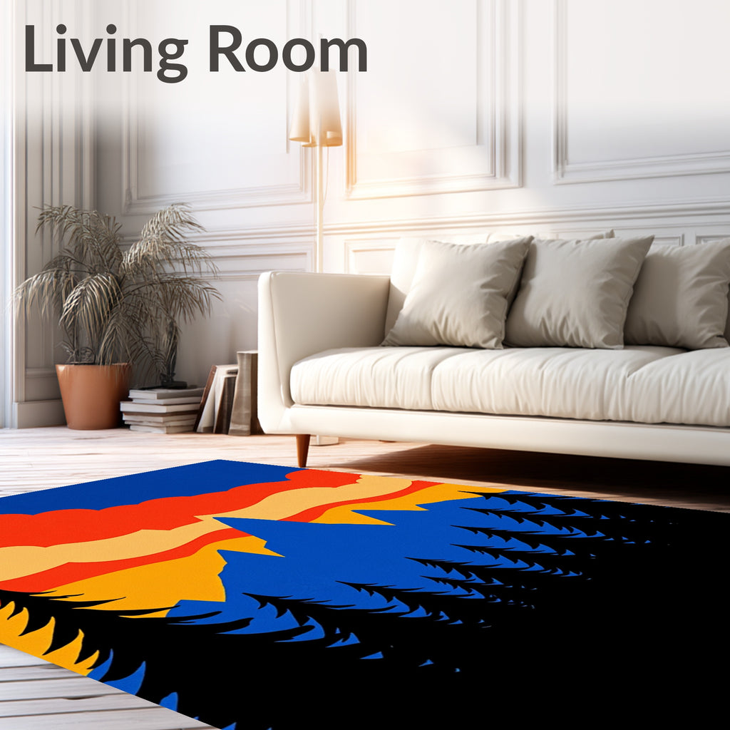 Crimson Sky Mountain Forest Silhouette Rug