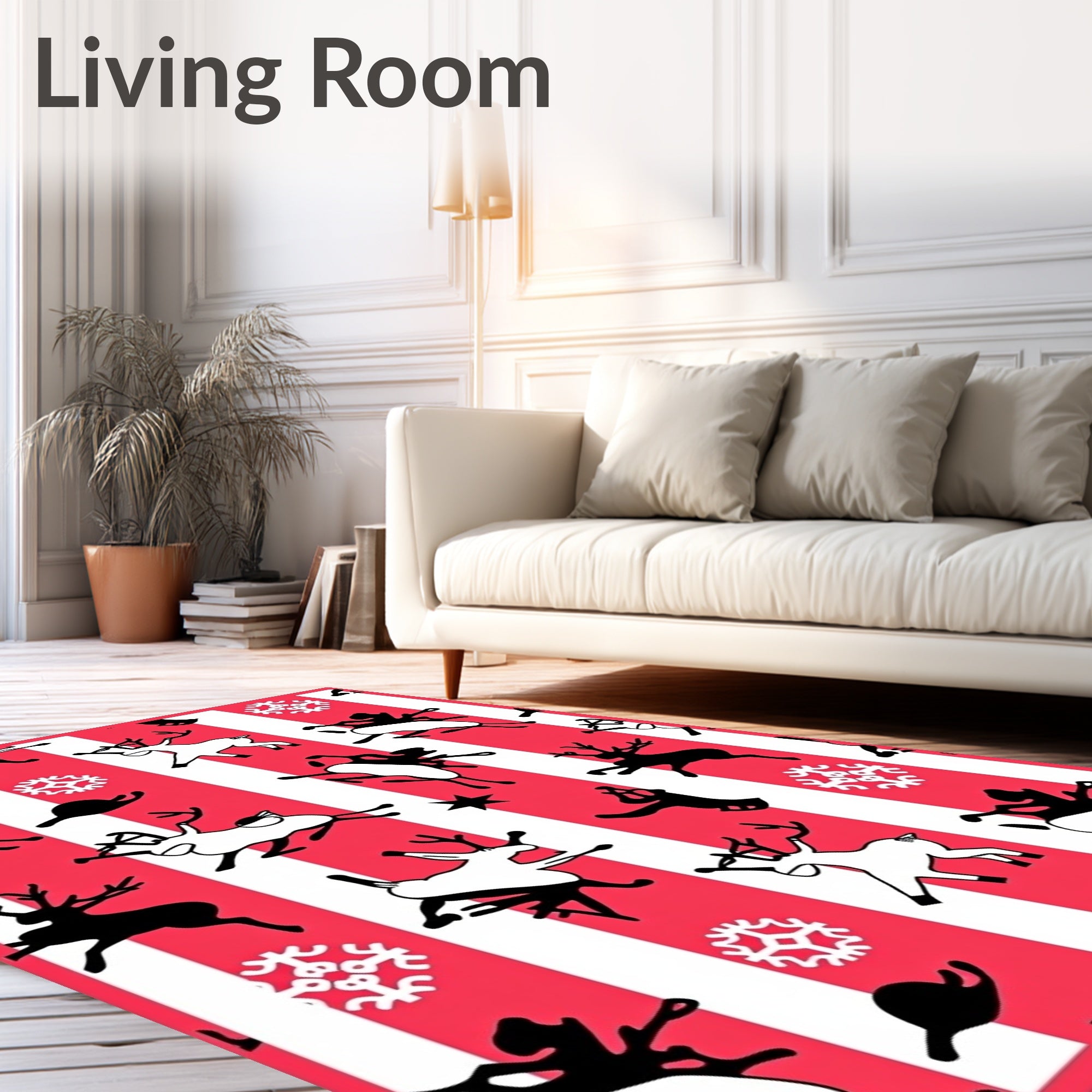 Jolly Red Stripe Reindeer Snowflakes Rug
