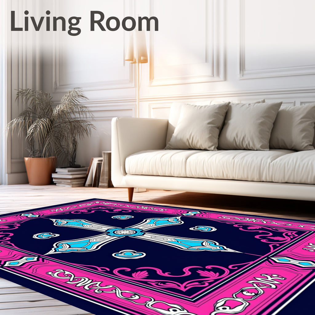 Ornate Blue White Pink Cross Rug