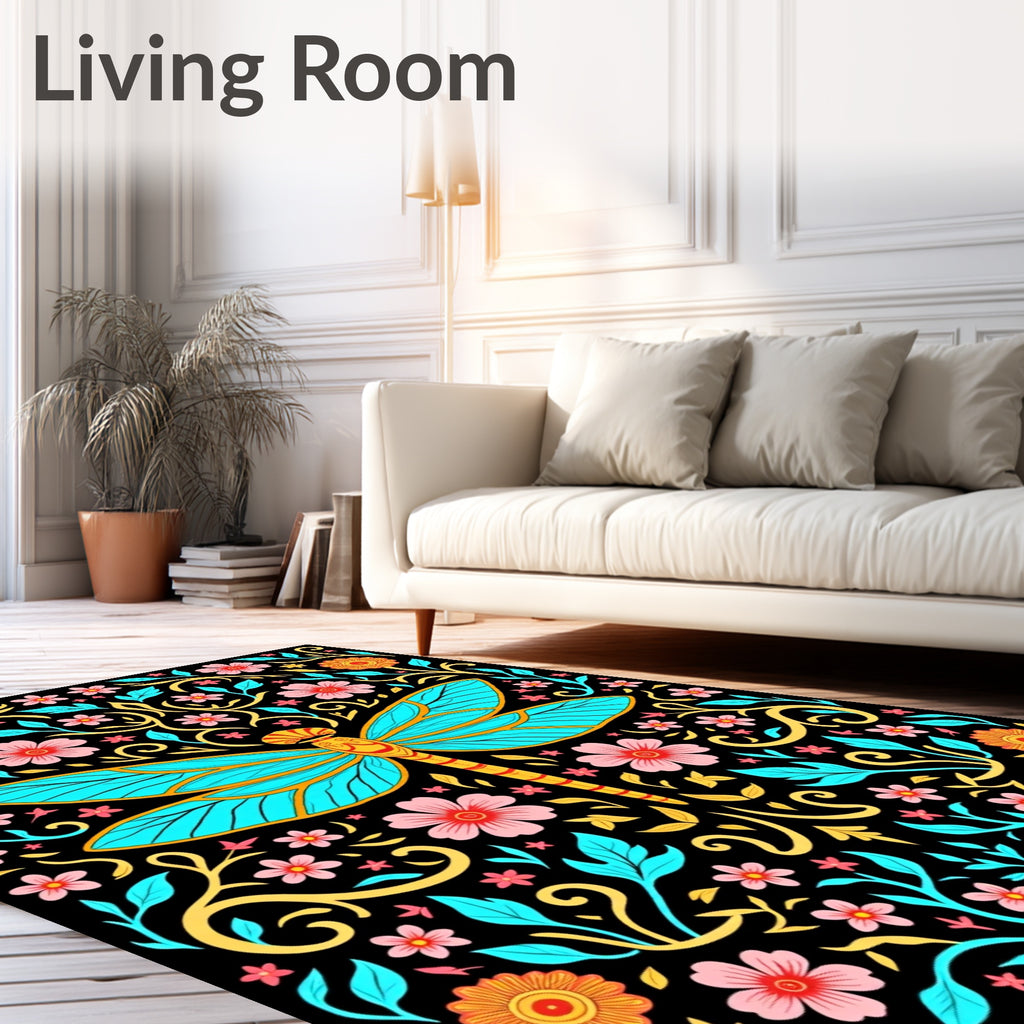 Turquoise Dragonfly Floral Garden Rug