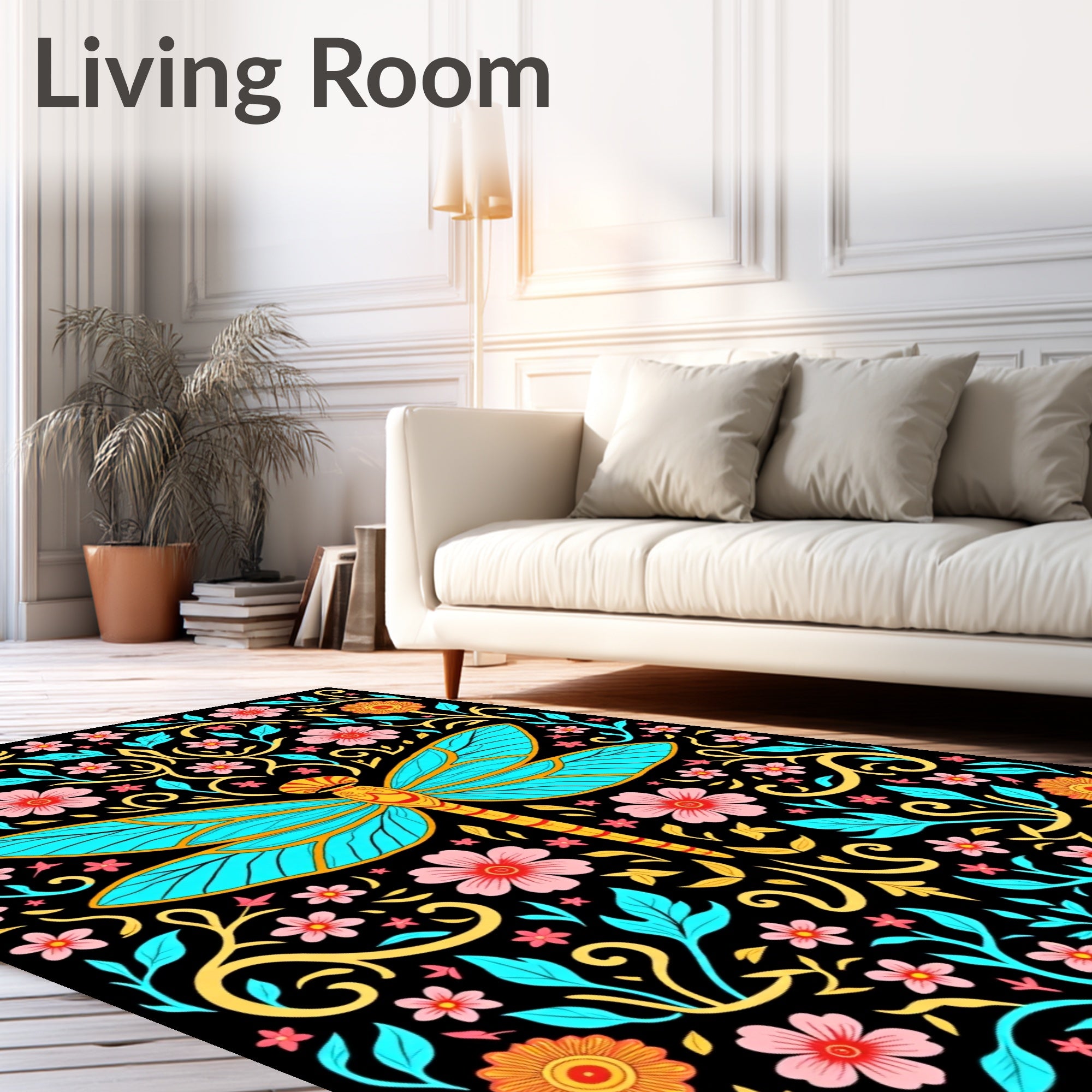 Turquoise Dragonfly Floral Garden Rug