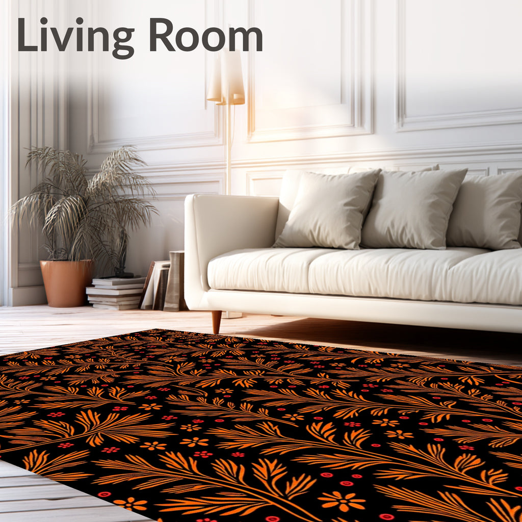 Orange Floral Vine Botanical Black Rug