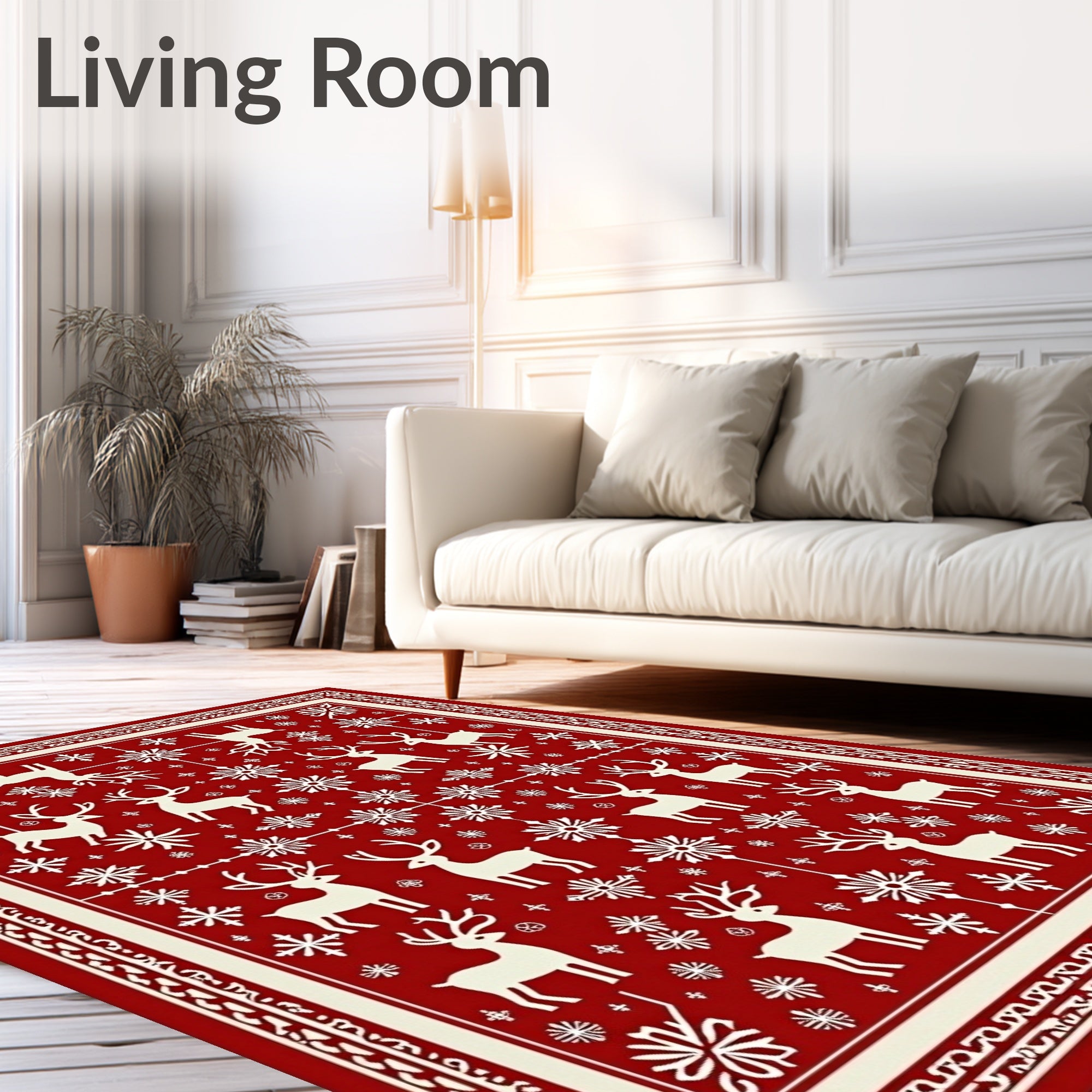 Red White Cream Reindeer Snowflake Garland Rug