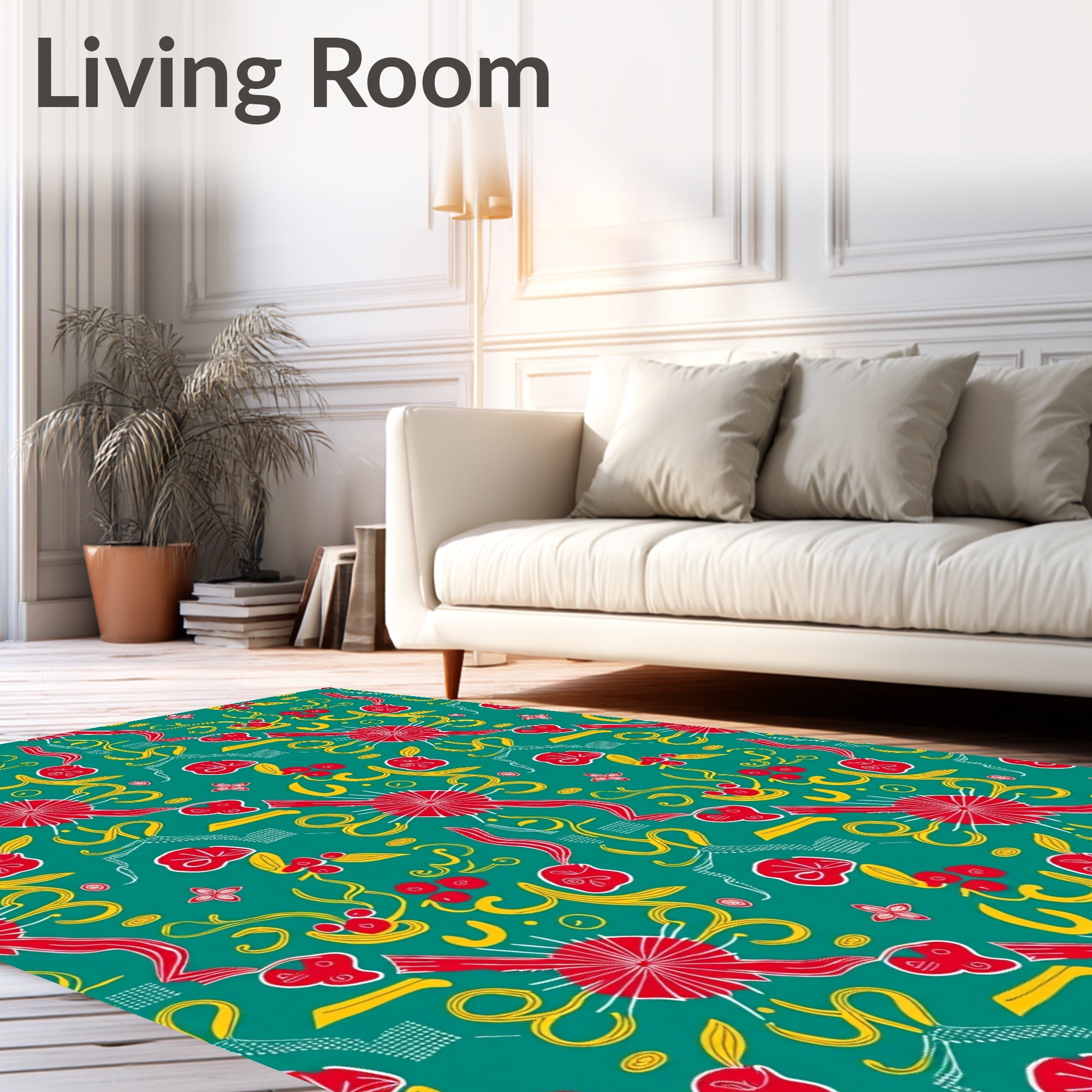 Emerald Red Yellow Whimsical Swirl Floral Rug