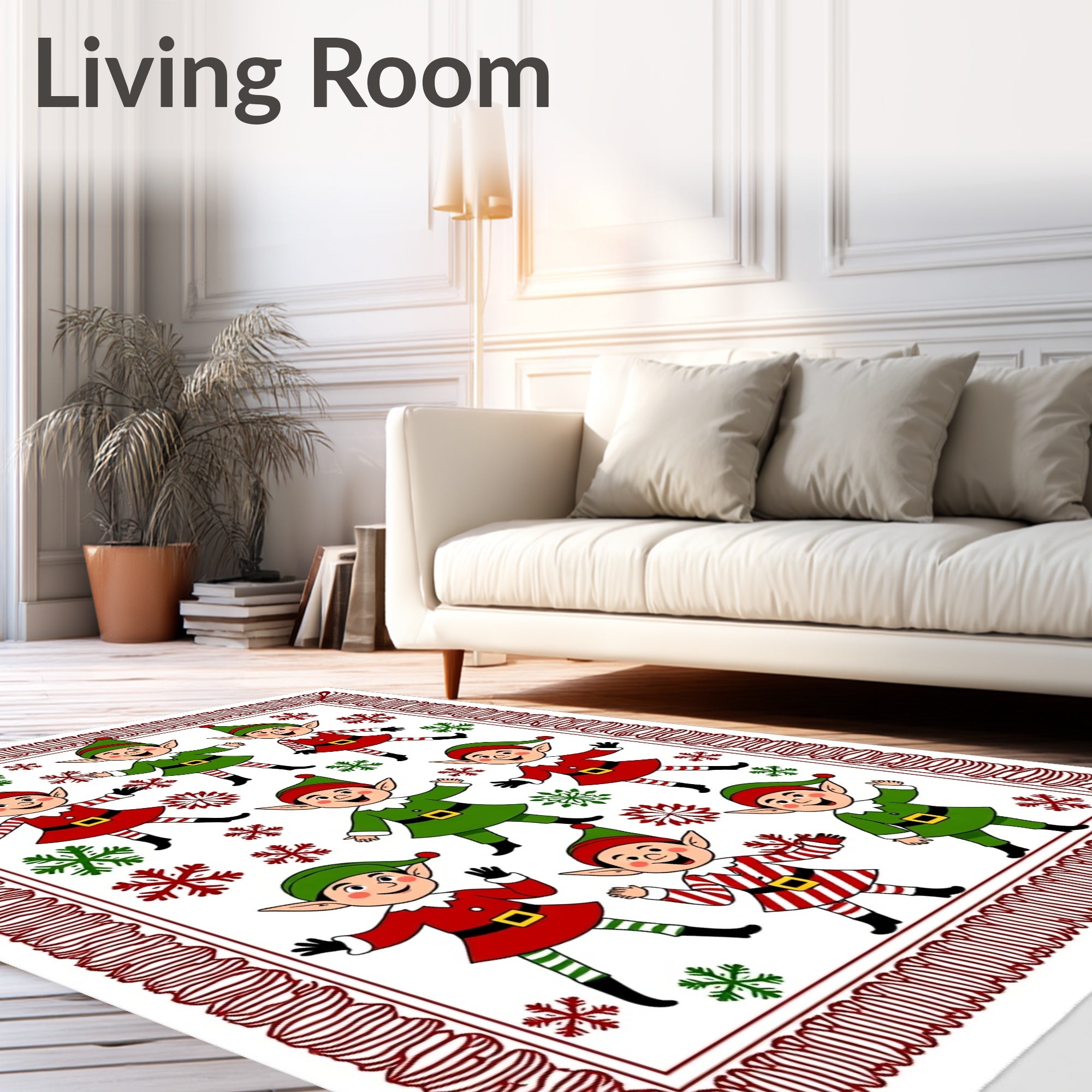 Festive Elves Red Green Snowflakes Border Rug
