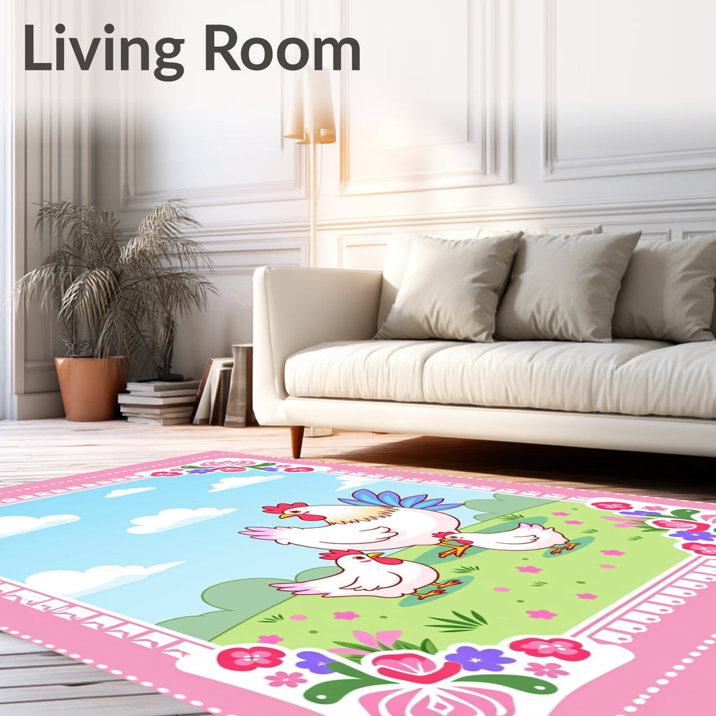 Farmyard Chickens Meadow Floral Border Rug