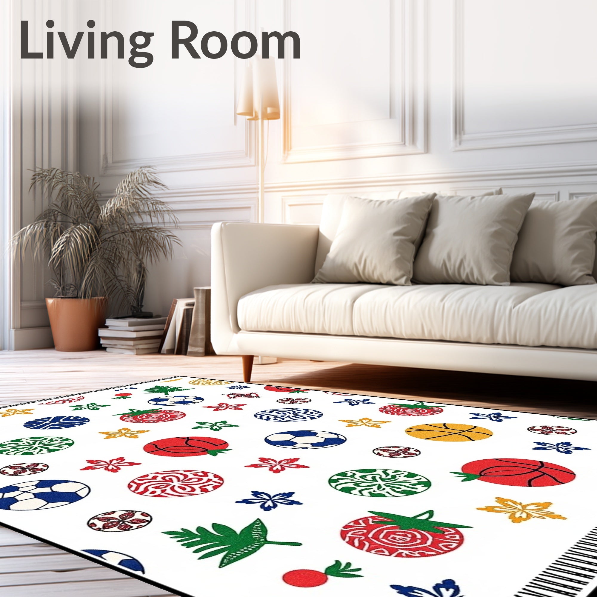 Playful Sports Balls Floral Collage Rug