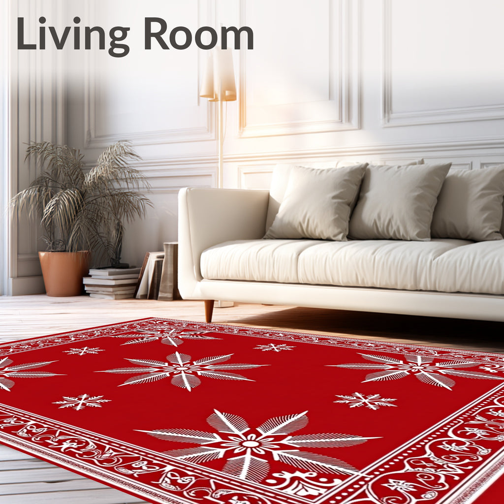 Crimson White Snowflake Ornamental Border Rug