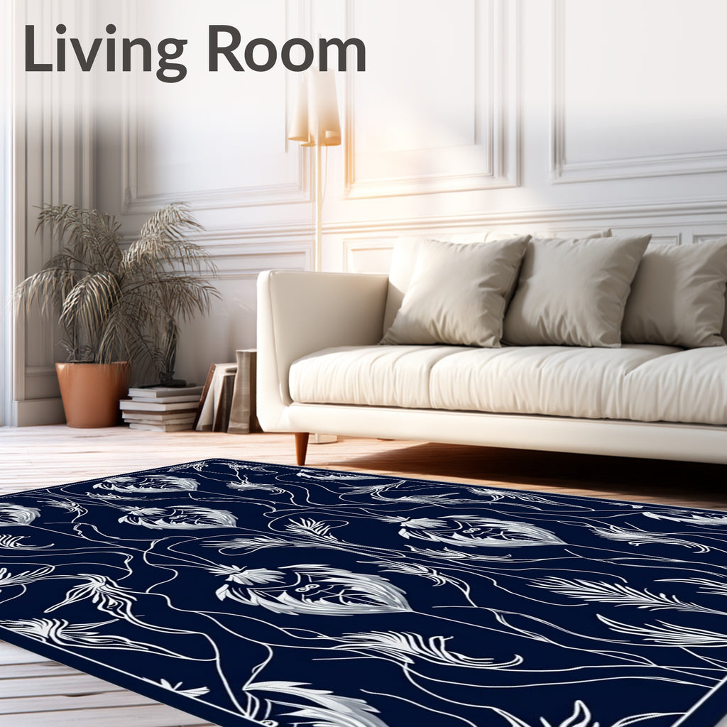 Dark Blue White Art Nouveau Floral Rug