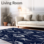 Dark Blue White Art Nouveau Floral Rug