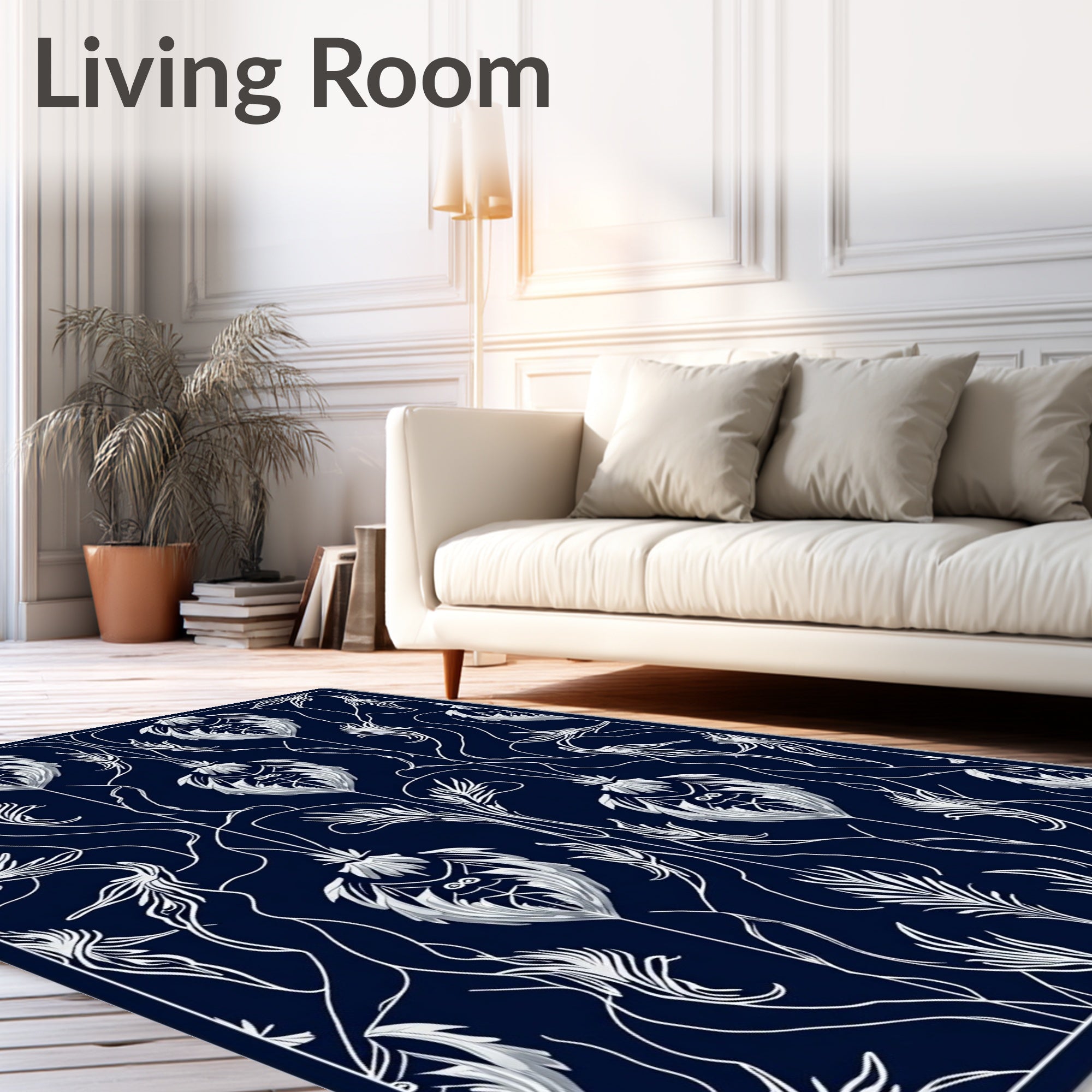 Dark Blue White Art Nouveau Floral Rug