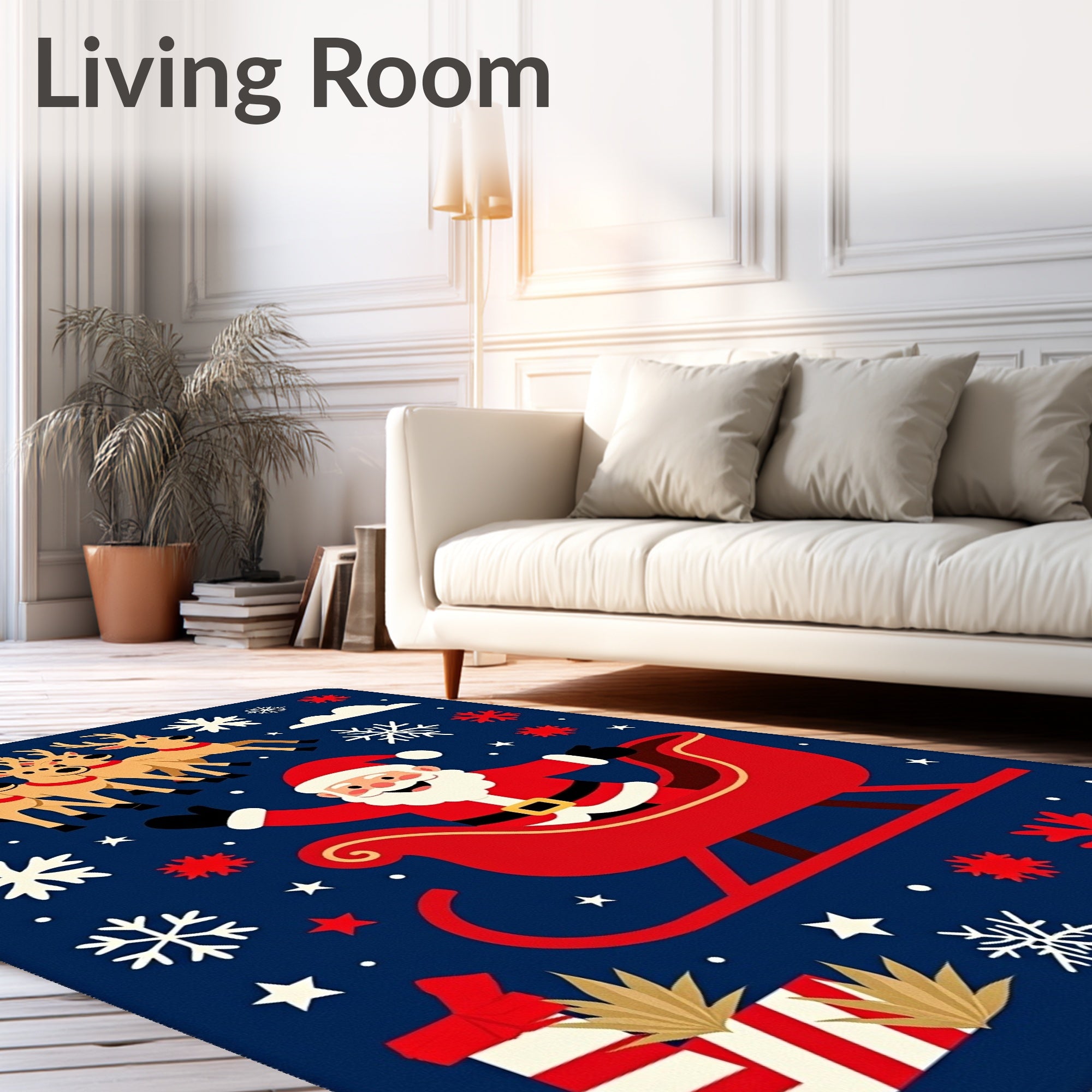 Merry Santa Sleigh Reindeer Snowflakes Rug