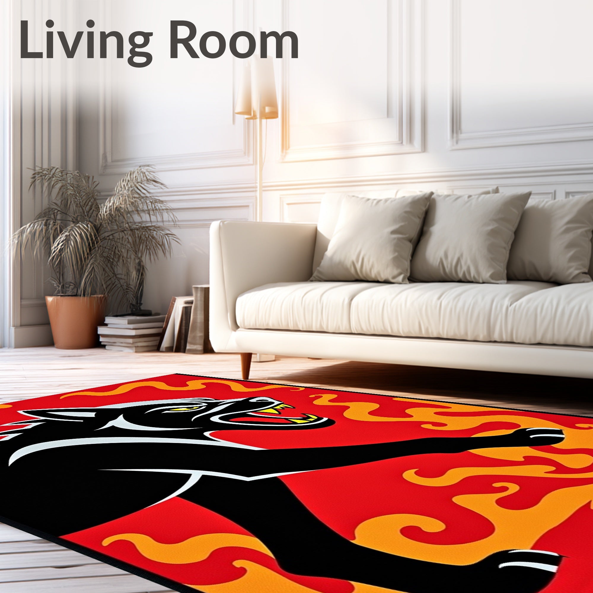 Fierce Black Wolf Fiery Swirls Rug
