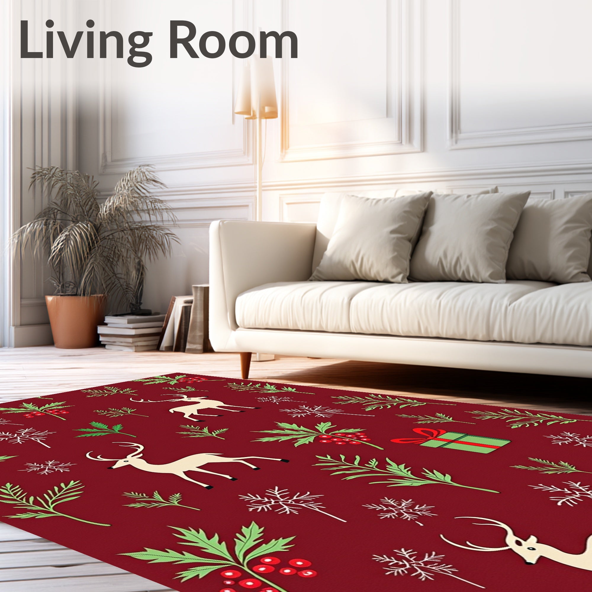 Cream Deer Festive Holly Snowflakes Gift Rug