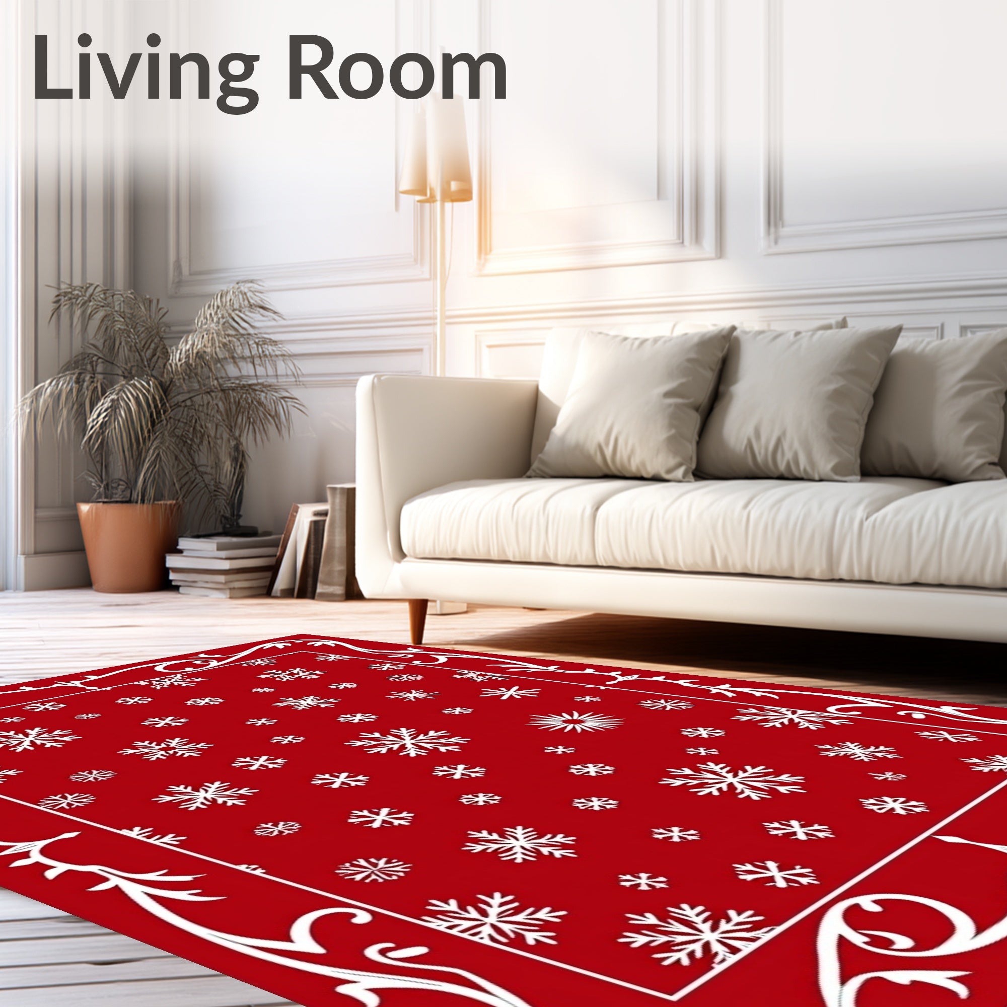 Red White Snowflake Border Accent Rug
