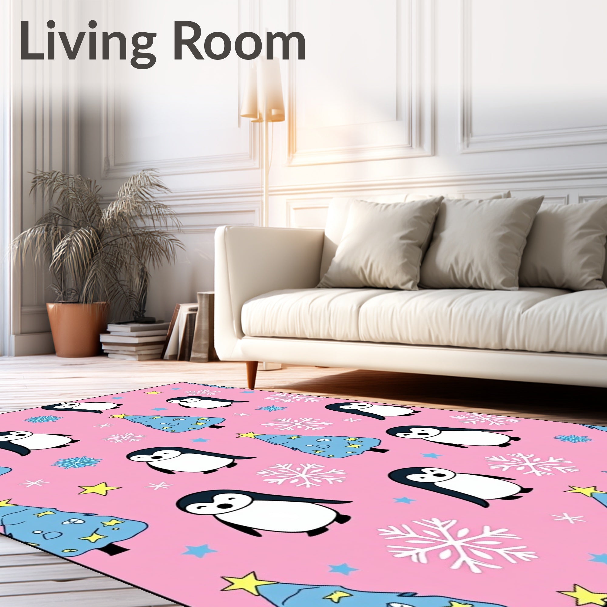 Cute Pink Penguin Christmas Tree Snowflakes Rug